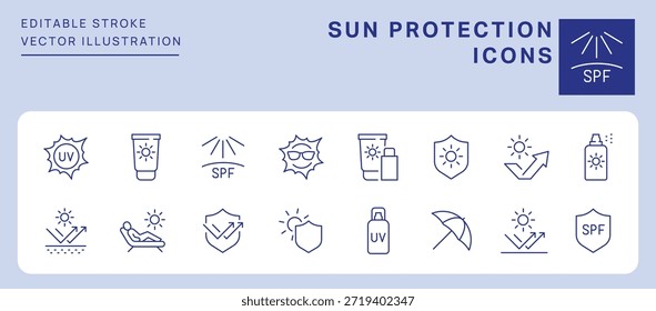 Iconos de protección solar. Trazo Editable. Conjunto de iconos de línea delgada símbolo de colección.