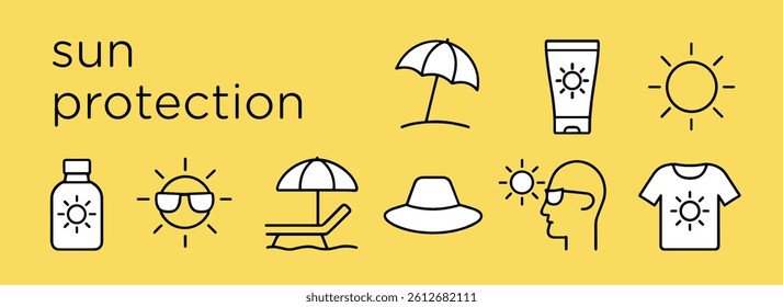 sun protection icons set Flat vector icon set on yellow background showing various sun protection items including sunscreen bottles, sun umbrellas, sun hats, UV protective clothing, sunglasses