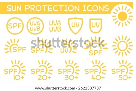 Sun protection icons, ultraviolet rays skin care, health on the beach icon cream spray spf 50+ 40+ 30+ 20+ 10+
