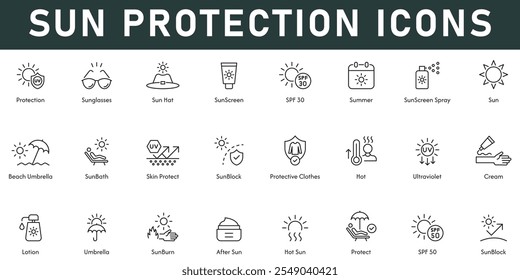 Sun protection Icons vector illustration with thin line editable stroke contain sunglasses sun hat sunscreen summer sun beach umbrella skin protect hot cream lotion sunblock protect SPF 50