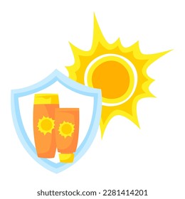 Sun protection illustration. Image of protective creams against solar beams.