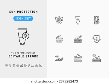 La protección contra el sol incluye el protector UV, el contenedor de protección contra el sol, el baño de sol y la humedad de la piel. Juego de iconos de línea. Material del vector de freno editable. 96 x 96 Pixel Perfecto.