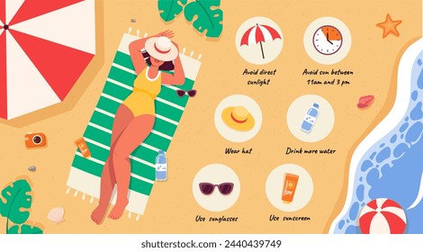 Concepto infográfico de protección solar. Mujer en traje de baño en la manta. Use sombrero, use gafas de sol y broncearse, beba más agua. Turista en vacaciones y vacaciones. Ilustración de vector plano de dibujos animados