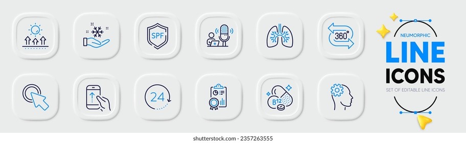 Iconos de la línea Protección solar, Inspeccionar y Pulmones para la aplicación web. Envase de 360 grados, protección de Spf, iconos de pictograma congelantes. Suba, Ingeniería, Carteles Podcast. Vitamina cobalamina. Vector