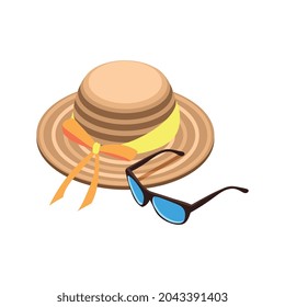 Sun protection isometric icon with hat and sunglasses 3d vector illustration