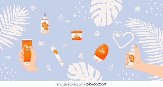 Sun protection kit on blue background. Sunscreen in hand, spray, lotion. The importance of using products with SPF. White leaves of monstera and palm tree with cosmetic skin care products. Vector 