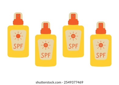 Kit de protección solar. Sprays con cosméticos de protección solar para la piel. Crema SPF con varios factores de protección. Ilustración vectorial.	