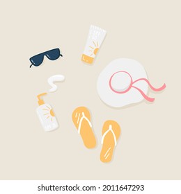 Sun Protection Kit. Sunscreen SPF 25, Cream SPF 50, Hat, Glasses, Slates. Vector Illustration Of Sunscreen Cosmetic Products: Oil, Cream, Tanning Lotion. Summer Vacation Concept. Suntan Lotion.