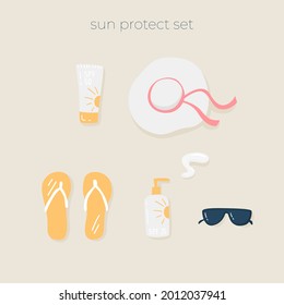 Sun protection kit. Sunscreen SPF 25, Cream SPF 50, hat, glasses, slates. Vector illustration of sunscreen cosmetic products: oil, cream, tanning lotion. Summer vacation concept. Suntan lotion. 