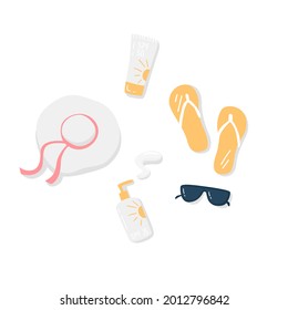 Kit de protección solar. Pantalla solar SPF 25, Cream SPF 50, sombrero, gafas, lonas. Ilustración vectorial de los productos cosméticos de protección solar: aceite, crema, loción de bronceado. Concepto de vacaciones de verano. Loción sunita. 