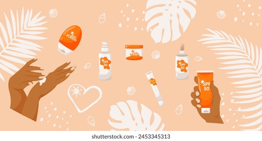 Kit de protección solar. Protector solar, spray, loción. La importancia de utilizar productos con SPF. Hojas blancas de monstruos y palmeras con productos cosméticos para el cuidado de la piel. Ilustración vectorial