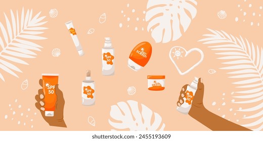 Sun protection kit. Sunscreen in sunburned hands, spray, lotion. The importance of using products with SPF. White leaves of monstera and palm tree with cosmetic skin care products. Vector illustration
