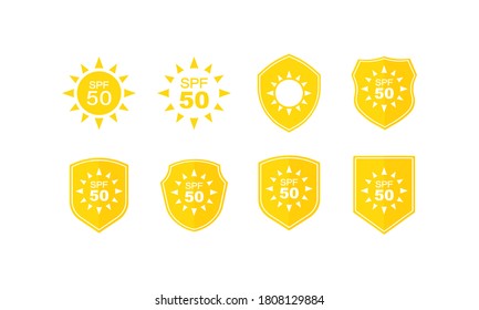 Juego de etiquetas de protección solar. SPF 50. Vector de fondo blanco aislado. EPS 10