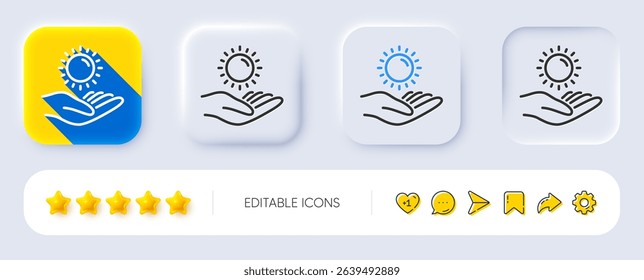Sun protection line icon. Neumorphic, Flat shadow, 3d buttons. Skin care sign. Line sun protection icon. Social media icons. Vector