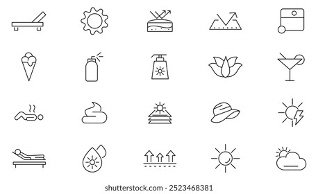 Sun Protection line icon set. Sunscreen, ultraviolet, sunglasses, sunlight, cream, UV, Sunburn, SPF cream, skin care, Face sun lotion, tanning line icon set. Ui thin line icon pack. 