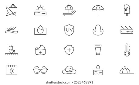 Sun Protection line icon set. Sunscreen, ultraviolet, sunglasses, sunlight, cream, UV, Sunburn, SPF cream, skin care, Face sun lotion, tanning line icon set. Ui thin line icon pack. 