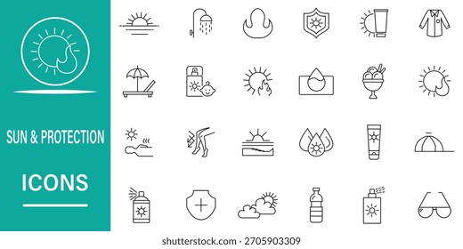 Sun and protection line icon set. Contains icons sunglasses, umbrella, sunscreen, sun hat, ultraviolet, skin care, safety, SPF protection and more outline symbol collection.