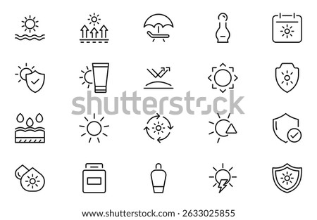Sun protection line icon set. Containing sunglasses, sunscreen, sunblock, beach umbrella and more solid icons. Collection and pack of linear web and ui icons. Editable stroke. Vector illustration