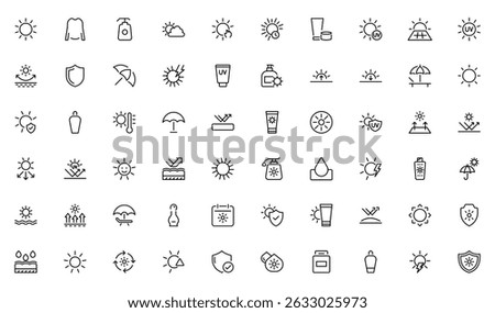 Sun protection line icon set. Containing sunglasses, sunscreen, sunblock, beach umbrella and more solid icons. Collection and pack of linear web and ui icons. Editable stroke. Vector illustration