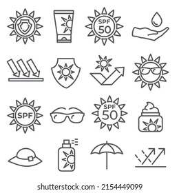 Sun protection line icons on white background