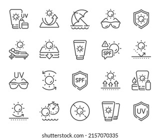 Sun protection line icons. Sunscreen, beach lounger and umbrella set. Summer sunbed, sunblock cream and uv sunglasses line icons. Spf protection, skin care lotion and beach sunscreen. Vector - Shutterstock ID 2157070335