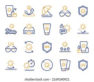 Iconos de la línea de protección solar. Pantalla de sol, tumbonas y paraguas. Iconos de la línea de gafas de sol, crema de bloqueo solar y uv. Protección de Spf, loción para el cuidado de la piel y protección solar en la playa. Vector