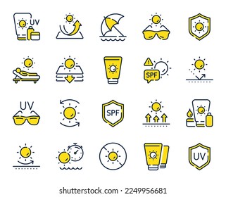 Sun protection line icons. Sunscreen, beach lounger and umbrella set. Summer sunbed, sunblock cream and uv sunglasses line icons. Spf protection, skin care lotion and beach sunscreen. Vector