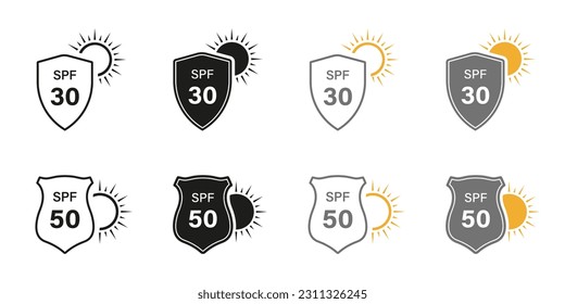 Sun Protection Line and Silhouette Icon Set. Sunblock SPF 30 50 Skin Protect Pictogram. Shield Block Ultraviolet Rays Symbol Collection. Summer Cream, Solar Safety Label. Isolated Vector Illustration.