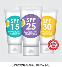 Sun Protection Lotion SPF15, SPF25, SPF30 - Tube containers - Vector