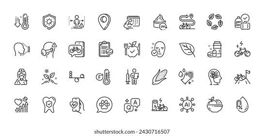 Sonnenschutz, niedriges Thermometer und UV-Schutz Linie Symbole Pack. KI, Frage und Antwort, Map Pin-Symbole. E-Bike, Leaf, Organic getestet Web-Icon. Medizinische Drogen, Radweg, Bike App Piktogramm. Vektor