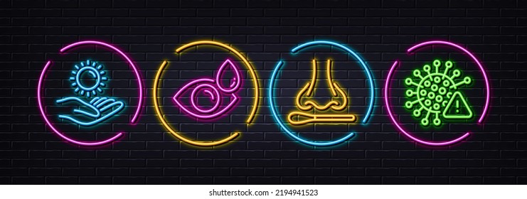 Sun Protection, Nasal Test And Eye Drops Minimal Line Icons. Neon Laser 3d Lights. Covid Virus Icons. For Web, Application, Printing. Ultraviolet Care, Covid Testing, Check Vision. Vector