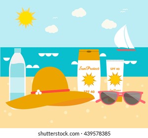 Sun protection objects on the sand on beach near sea, vector illustration