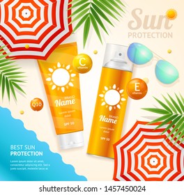 Sun Protection on Beach Ad Concept Card Background with Beach Umbrella Striped, Sunglasses and Cream. Vector illustration