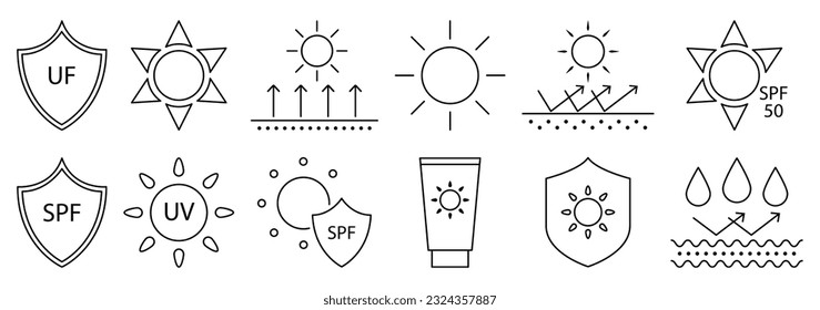 Sun protection outline icons. Summer elements. Vector illustration isolated on white background
