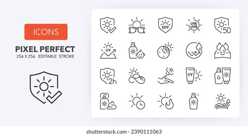 Sun protection. Outline symbol collection. Editable vector stroke. 256x256 Pixel Perfect scalable to 128px, 64px...