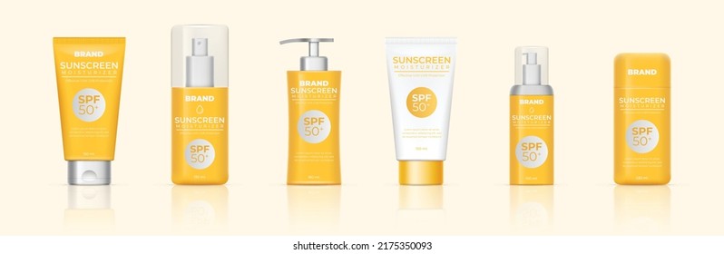 Sun Protection Package Containers Mockup Set. Body Lotion Or Cream Tubes With UV Protection And Moisturizing Effect. Packaging Of Cosmetics Mock Up Design. Vector Illustration