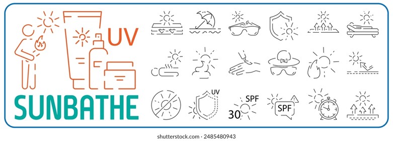 Sun Protection Related Vector Line Icon set. Icons as Sunscreen, Sunglasses, UV rays exposure time and more. Summer vacation