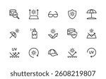 Sun protection related vector linear icons set. Isolated icon collection such as anti-UV, reflection, sunglasses, cosmetics, shield, sun and more. Isolated icon collection of sun protection related.