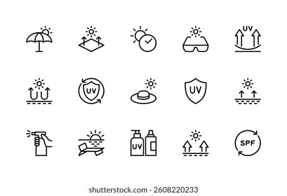 Sun protection related vector linear icons set. Isolated icon collection such as umbrella, sun, time, sunglasses, reflection, SPF, spray and more. Isolated icon collection of sun protection related.