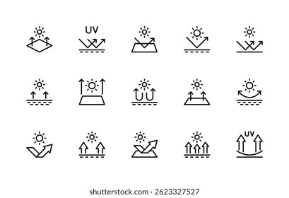 Sun protection related vector linear icons set. Isolated icon collection such as sun, rays, arrows, direction, break, thin, impact and more. Isolated icon collection of sun protection related.