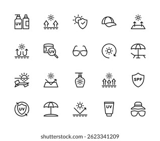 Proteção solar relacionada ao conjunto de ícones lineares vetoriais. Contém ícones como anti-UV, protetor solar, escudo, óleo, SPF, protetor solar e muito mais. Isolado proteção solar relacionada coleção de ícones no fundo branco.