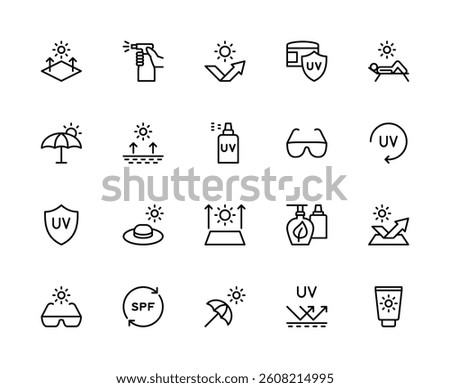 Sun protection related vector linear icons set. Contains such icons as sun, rays, spray, arrows, hand, person, impact and more. Isolated sun protection related icons collection on white background.