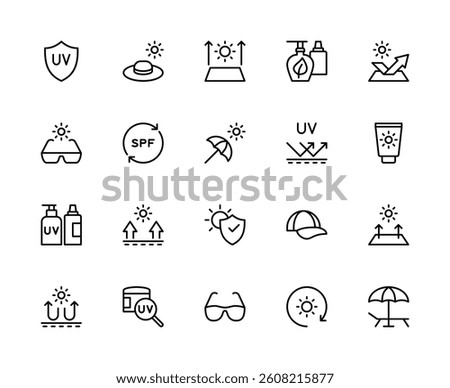 Sun protection related vector linear icons set. Contains such icons as shield, anti-UV, hat, sun, rays, spray, arrows and more. Isolated sun protection related icons collection on white background.