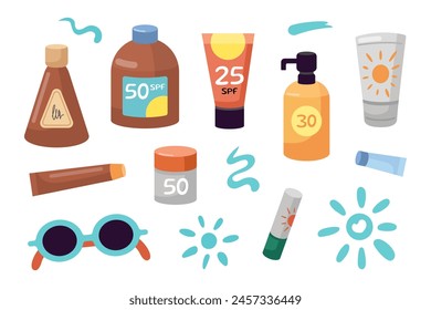 Sun protection, safe suntan products set. Sunscreen bottles, jars. Strokes of sunscreen cream strokes. Beach holidays concept. Flat design, cartoon SPF cosmetic products collection.