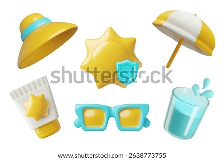 Sun protection and safety 3d vector icons set - sunscreen lotion, parasol, sunhat, sunglasses, water glass and blue shield. Summer vacation elements isolated on white background.