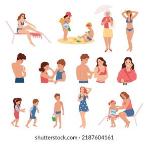 Conjunto de protección solar con iconos planos y caracteres doodles aislados de personas con productos de protección solar electrodomésticos ilustración vectorial