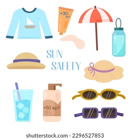 Sun protection set. Hand-drawn illustration of sun safety tips, creme and lotion, water bottle, sunglasses and hats. Vector isolated elements on a white background.