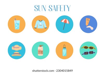 Sun protection set. Hand-drawn illustration of sun safety tips, creme and lotion, water bottle, sunglasses and hats. Vector isolated elements on a white background.