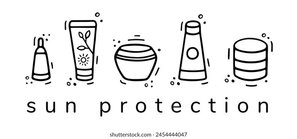 Juego de protección solar. Botellas, frascos, tubos de protección solar. Vacaciones en la playa, concepto de baño de sol. Diseño plano, colección de productos cosméticos SPF de dibujos animados. Dibujado a mano estilo Doodle