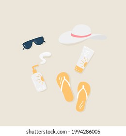 Sun protection set. Sunscreen SPF 25, SPF 50 Cream. Vector illustration of sun protection cosmetic products: oil, cream, sunblock lotion. Concept of summer holiday. Sunblock lotion. Skincare